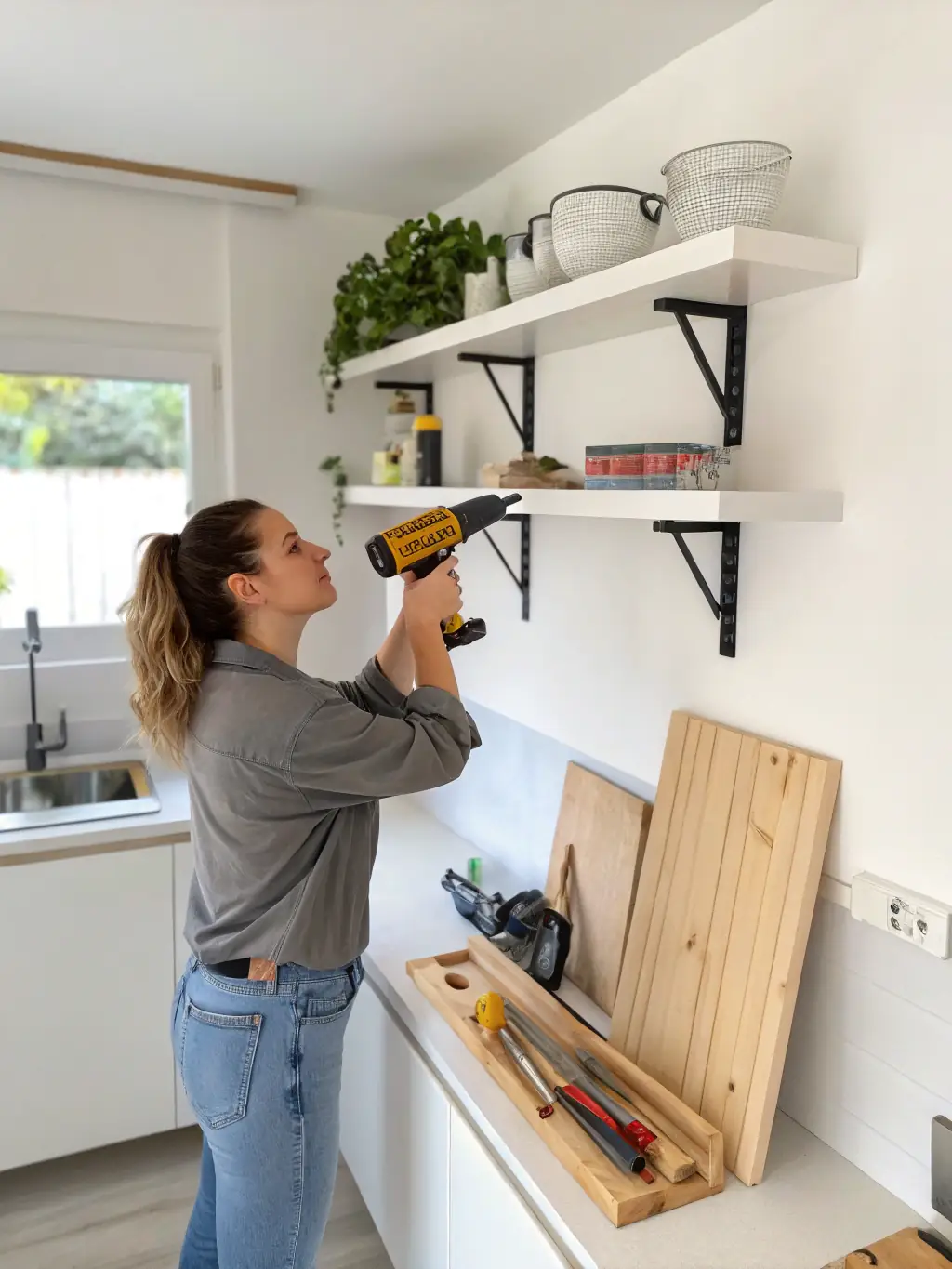 A carpenter installing custom cabinets in a kitchen, demonstrating Bright Home Crew's carpentry services.