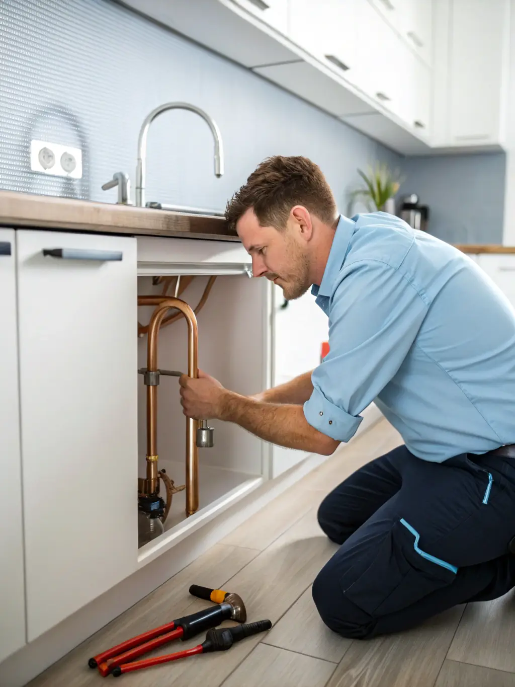 A plumber fixing a kitchen sink with professional tools, highlighting Bright Home Crew's plumbing services.