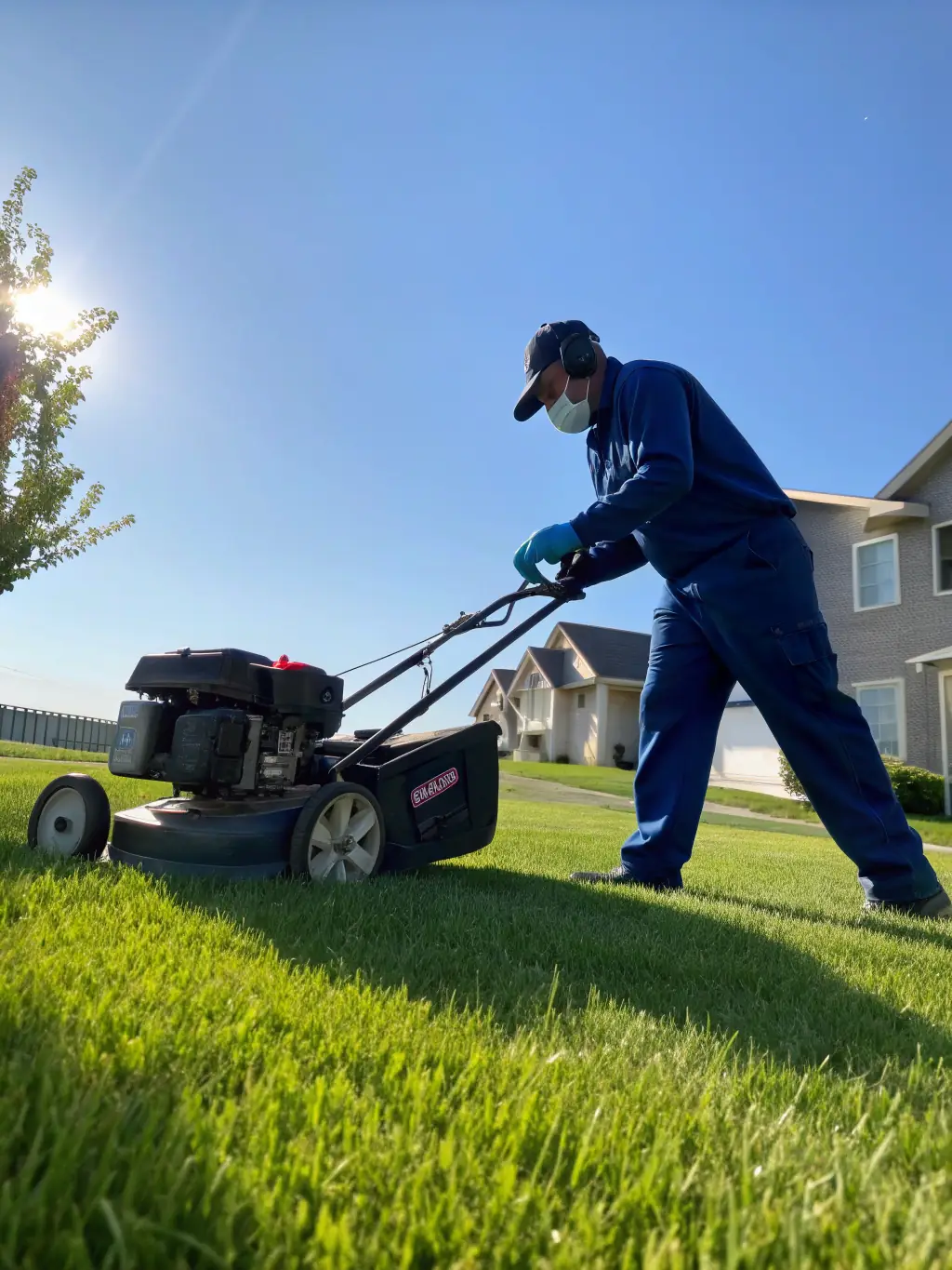 A team of lawn care professionals mowing a well-maintained lawn, representing Bright Home Crew's lawn care services.