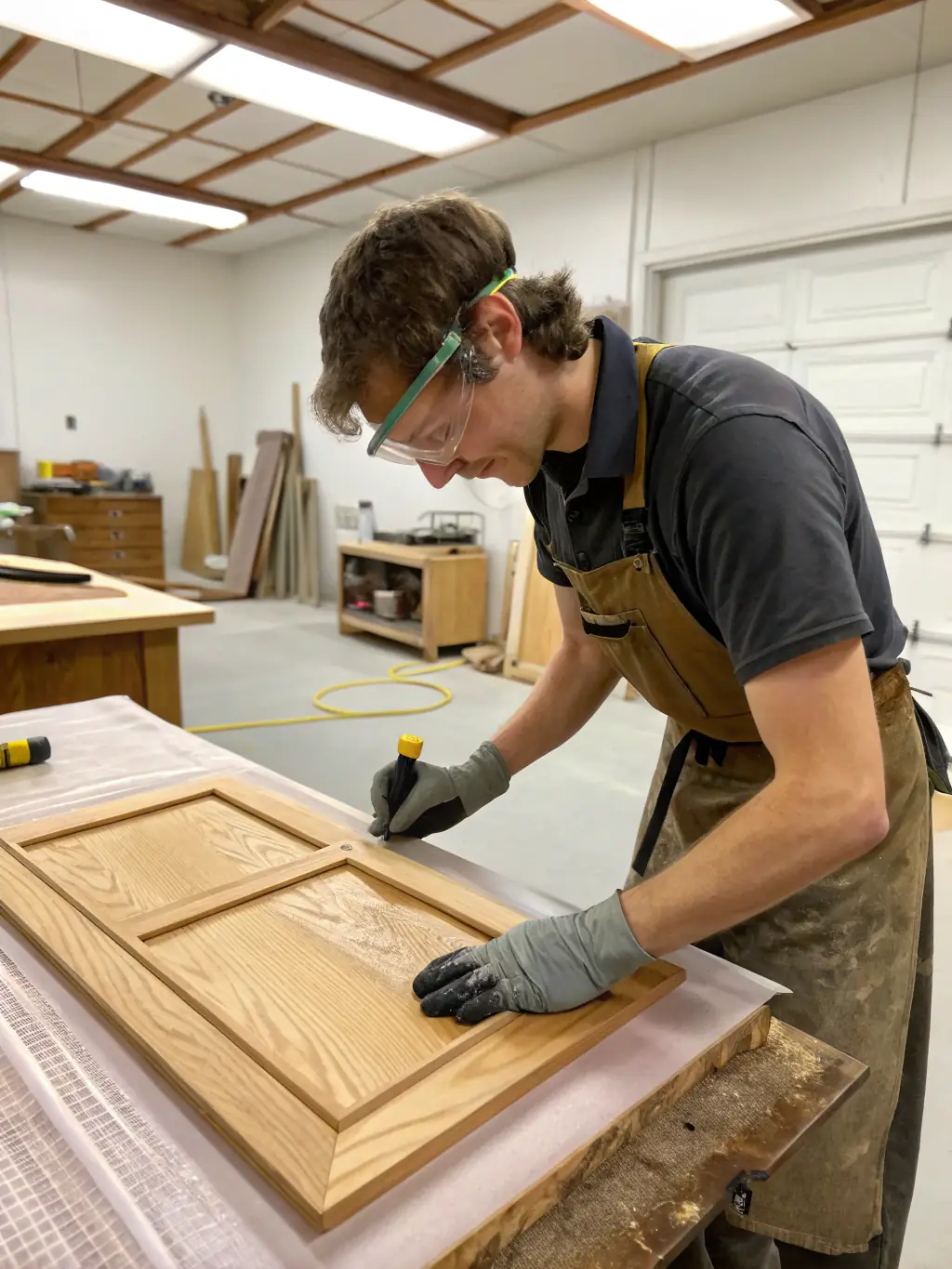 A close-up shot of a carpenter meticulously crafting a custom wooden cabinet, showcasing the high-quality workmanship that Bright Home Crew provides.