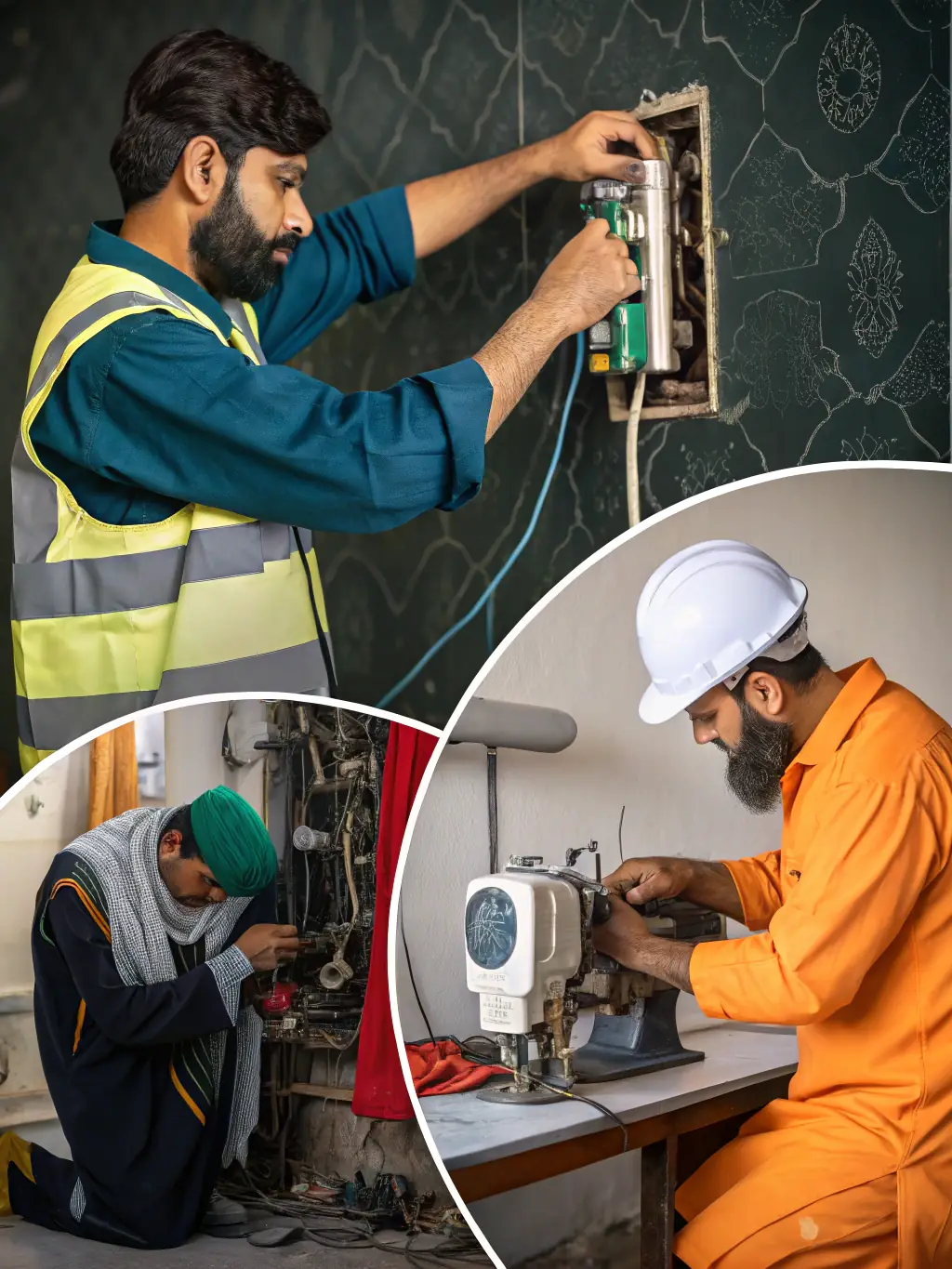 A diverse team of Bright Home Crew professionals (electrician, plumber, carpenter, lawn care specialist) working together on a home improvement project, showcasing comprehensive service offerings.