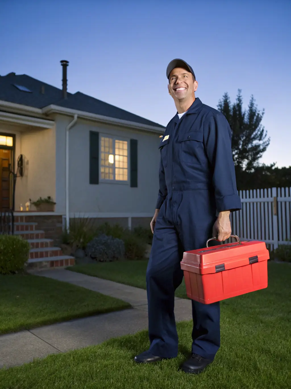 A friendly Bright Home Crew technician smiling and giving a thumbs up, standing in front of a well-maintained suburban home, symbolizing reliable and trustworthy service.
